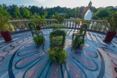 Шикарный состав стульев и таблица приготовленная зелеными растениями стоя на круглой платформе вымощенной с сделанными по образцу Стоковые Изображения Шикарный состав стульев и таблица приготовленная зелеными растениями стоя на круглой платформе вымощенной с сделанными по образцу Стоковые Изображения