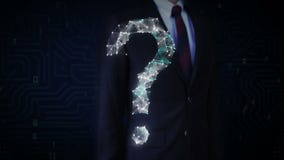Экран бизнесмена касающий, цифровые линии создает форму вопросительного знака, цифровую концепцию Экран бизнесмена касающий, цифровые линии создает форму вопросительного знака, цифровую концепцию