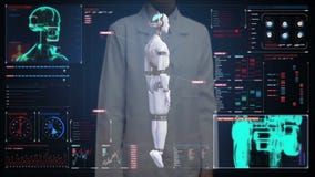 Экран женского доктора касающий цифровой, просматривая тело киборга робота прозрачности в цифровом интерфейсе искусственный интел Экран женского доктора касающий цифровой, просматривая тело киборга робота прозрачности в цифровом интерфейсе искусственный интел