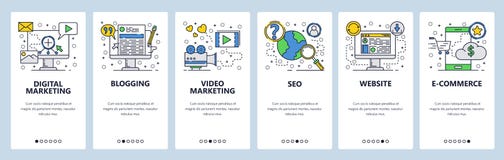 Экраны вебсайта onboarding SEO, цифровой маркетинг, онлайн покупки, видео Шаблон знамени вектора меню для вебсайта и иллюстрация штока Экраны вебсайта onboarding SEO, цифровой маркетинг, онлайн покупки, видео Шаблон знамени вектора меню для вебсайта и иллюстрация штока
