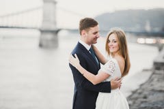 Элегантные стильная счастливая белокурая невеста и шикарное холят на предпосылке красивого реки стоковая фотография rf Элегантные стильная счастливая белокурая невеста и шикарное холят на предпосылке красивого реки стоковая фотография rf