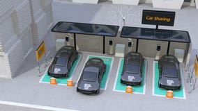 Электрический автомобиль покидая место для стоянки делить автомобиля Электрический автомобиль покидая место для стоянки делить автомобиля