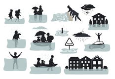 Элементы силуэта потока infographic затопленные дома, город, автомобиль, люди избегают от паводковых вод выходя дома, дома, fam с Стоковые Фото Элементы силуэта потока infographic затопленные дома, город, автомобиль, люди избегают от паводковых вод выходя дома, дома, fam с Стоковые Фото