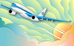 一艘白色客轮的飞行 绿松石天空、明亮的太阳和五颜六色的积云 被切开的纸的作用 向量例证 一艘白色客轮的飞行 绿松石天空、明亮的太阳和五颜六色的积云 被切开的纸的作用 向量例证