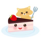 与叉子、甜蛋糕装饰用新鲜的草莓,桃红色奶油和巧克力结冰,在白色的淡色的逗人喜爱的kawaii仓鼠 库存例证 与叉子、甜蛋糕装饰用新鲜的草莓,桃红色奶油和巧克力结冰,在白色的淡色的逗人喜爱的kawaii仓鼠 库存例证