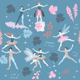 与美丽的神仙的不可思议的无缝的样式和矮子、花、叶子、心脏和音符关于蓝色背景 匪盗 皇族释放例证 与美丽的神仙的不可思议的无缝的样式和矮子、花、叶子、心脏和音符关于蓝色背景 匪盗 皇族释放例证