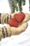 两只红色纺织品心脏和手在重的多雪的冷杉分支背景,在红砖房子附近 圣诞快乐,新年快乐和 库存图片 两只红色纺织品心脏和手在重的多雪的冷杉分支背景,在红砖房子附近 圣诞快乐,新年快乐和 库存图片