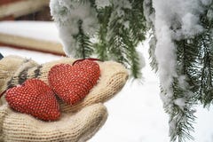 两只红色纺织品心脏和手在重的多雪的冷杉分支背景,在红砖房子附近 圣诞快乐,新年快乐和 库存照片 两只红色纺织品心脏和手在重的多雪的冷杉分支背景,在红砖房子附近 圣诞快乐,新年快乐和 库存照片
