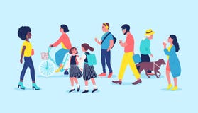 人们或路人在街道上 男人、通过的妇女和的孩子,走,骑马自行车,听到音乐 现代的城市 库存例证 人们或路人在街道上 男人、通过的妇女和的孩子,走,骑马自行车,听到音乐 现代的城市 库存例证