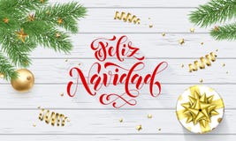 在Xmas树,贺卡白色木后面的书法字体的Feliz Navidad西班牙人圣诞快乐假日金黄装饰 皇族释放例证 在Xmas树,贺卡白色木后面的书法字体的Feliz Navidad西班牙人圣诞快乐假日金黄装饰 皇族释放例证