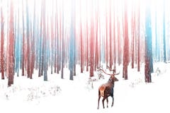 在多雪的冬天森林圣诞节冬天图象的孤独的高尚的鹿男性在桃红色和蓝色颜色 免版税库存照片 在多雪的冬天森林圣诞节冬天图象的孤独的高尚的鹿男性在桃红色和蓝色颜色 免版税库存照片