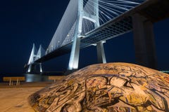 在瓦斯考de Gama Bridge的Skatepark在里斯本在夜之前 蓬特的瓦斯考de Gama地下冰鞋公园 免版税库存图片 在瓦斯考de Gama Bridge的Skatepark在里斯本在夜之前 蓬特的瓦斯考de Gama地下冰鞋公园 免版税库存图片