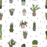 在罐无缝的手拉的样式的仙人掌 斯堪的纳维亚简单的动画片样式加点了背景 皇族释放例证 在罐无缝的手拉的样式的仙人掌 斯堪的纳维亚简单的动画片样式加点了背景 皇族释放例证