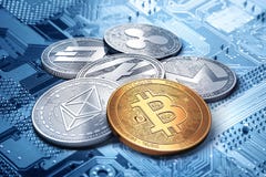 堆cryptocurrencies :一起bitcoin、ethereum、litecoin、monero、破折号和波纹硬币, 3D翻译 皇族释放例证 堆cryptocurrencies :一起bitcoin、ethereum、litecoin、monero、破折号和波纹硬币, 3D翻译 皇族释放例证