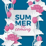 夏天是以后的卡片、纸框架在花卉背景,纸桃红色莲花在蓝色背景海报的或横幅 向量例证 夏天是以后的卡片、纸框架在花卉背景,纸桃红色莲花在蓝色背景海报的或横幅 向量例证