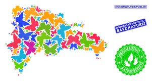 多米尼加共和国的地图保存自然拼贴画有蝴蝶和被抓的封印的 库存例证 多米尼加共和国的地图保存自然拼贴画有蝴蝶和被抓的封印的 库存例证