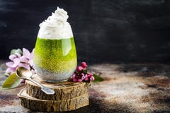 戒毒所ombre分层了堆积matcha绿茶chia种子布丁 素食主义者点心用椰奶 健康素食早餐 库存图片 戒毒所ombre分层了堆积matcha绿茶chia种子布丁 素食主义者点心用椰奶 健康素食早餐 库存图片