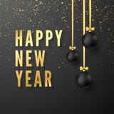 招呼黑暗的背景的金黄文本新年快乐 垂悬在金黄丝带的黑圣诞节球 也corel凹道例证向量 向量例证 招呼黑暗的背景的金黄文本新年快乐 垂悬在金黄丝带的黑圣诞节球 也corel凹道例证向量 向量例证