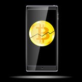 有一残破的硬币bitcoin的一个大黑现实流动巧妙的触觉敏感的稀薄的手机,隐藏货币在Th崩裂了 皇族释放例证 有一残破的硬币bitcoin的一个大黑现实流动巧妙的触觉敏感的稀薄的手机,隐藏货币在Th崩裂了 皇族释放例证