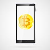 有一残破的硬币bitcoin的一个大黑现实流动巧妙的触觉敏感的稀薄的手机,隐藏货币在Th崩裂了 库存例证 有一残破的硬币bitcoin的一个大黑现实流动巧妙的触觉敏感的稀薄的手机,隐藏货币在Th崩裂了 库存例证