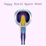  有站立太空飞船近的窗口和看露天场所，愉快的世界空间星期文本的长的金发的女孩 库存例证