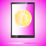 有金币bitcoin的,在偏移的隐藏货币一台大黑现实流动巧妙的触觉敏感的微小的片剂计算机 皇族释放例证 有金币bitcoin的,在偏移的隐藏货币一台大黑现实流动巧妙的触觉敏感的微小的片剂计算机 皇族释放例证