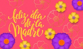 母亲节用与黄色,蓝色花在金开花的样式横幅和西班牙文本Feliz dia de la Madre的西班牙语 设计tem 库存照片 母亲节用与黄色,蓝色花在金开花的样式横幅和西班牙文本Feliz dia de la Madre的西班牙语 设计tem 库存照片