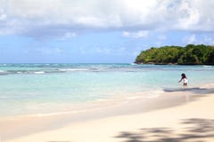 白色沙子偏僻的海滩、蓝色海、绿色棕榈树、海岛背景和女孩在海接触水 库存照片 白色沙子偏僻的海滩、蓝色海、绿色棕榈树、海岛背景和女孩在海接触水 库存照片