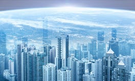 现代都市地平线 背景地球充分的行星星形 日出 全球性通信和网络 图库摄影 现代都市地平线 背景地球充分的行星星形 日出 全球性通信和网络 图库摄影