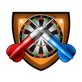 红色和蓝色箭在盾的中心横渡了与圆的dartsboard 在wh或冠军的体育商标隔绝的任何箭比赛 库存例证 红色和蓝色箭在盾的中心横渡了与圆的dartsboard 在wh或冠军的体育商标隔绝的任何箭比赛 库存例证