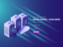 网站主持等量, cryptocurrency和blockchain概念 开采的bitcoins的IT 3d服务器农场 向量例证 网站主持等量, cryptocurrency和blockchain概念 开采的bitcoins的IT 3d服务器农场 向量例证