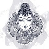 美丽的菩萨面对在高详细的装饰花卉元素 在水彩背景的被刻记的传染媒介例证 皇族释放例证 美丽的菩萨面对在高详细的装饰花卉元素 在水彩背景的被刻记的传染媒介例证 皇族释放例证