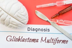 脑子形象、外科说谎在标题诊断Glioblastoma Multiforme附近的解剖刀、注射器和小瓶 diagnosi的概念照片 库存图片 脑子形象、外科说谎在标题诊断Glioblastoma Multiforme附近的解剖刀、注射器和小瓶 diagnosi的概念照片 库存图片