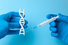 脱氧核糖核酸螺旋研究 基因实验的概念在人的生物代码脱氧核糖核酸的 科学家拿着脱氧核糖核酸螺旋和注射器 免版税库存照片 脱氧核糖核酸螺旋研究 基因实验的概念在人的生物代码脱氧核糖核酸的 科学家拿着脱氧核糖核酸螺旋和注射器 免版税库存照片