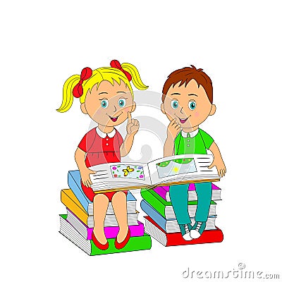Дети, мальчик и девушка читая книгу сидя на куче b