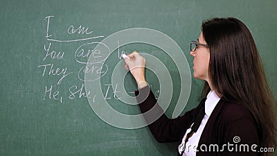 在线教育 女教师举办网络英语课 她在黑板上用粉笔书写语法规则影视素材 视频包括有她在黑板上用粉笔书写语法规则 在线教育