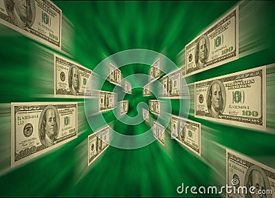 $100 bills flying through a green vortex Stock Photo