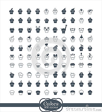 100 cupcake outline Icons Vector Illustration