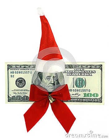 100 dollars banknote dressed in Santa s uniform