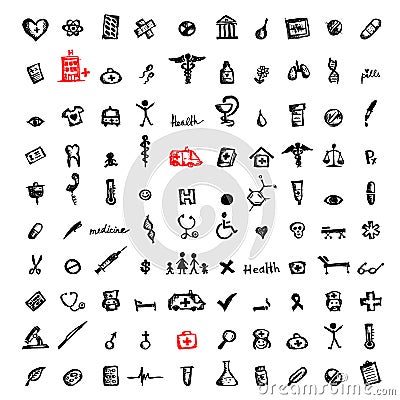 100 medical icons, sketch for your design Stock Photo