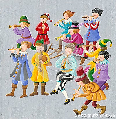 12 days of Christmas - Eleven Pipers Piping Cartoon Illustration