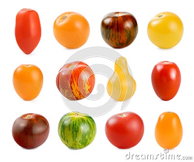 12 different sorts of tomatoes over white Stock Photo