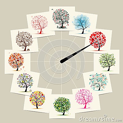 12 months with art trees, watches concept design Vector Illustration