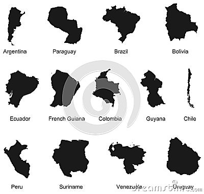 13 South America Country Maps Vector Illustration