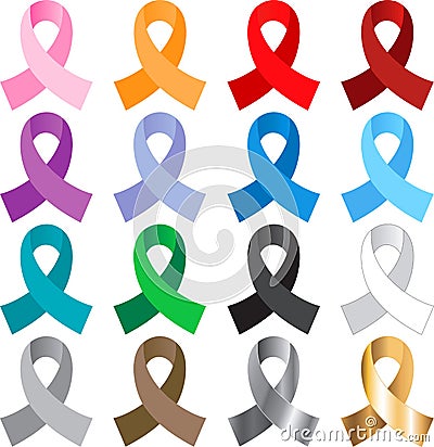 16 Awareness Ribbons Vector Illustration