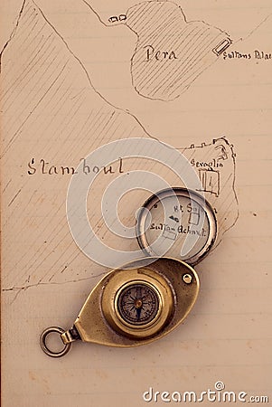 1872 hand drawn map and ancient compass Stock Photo