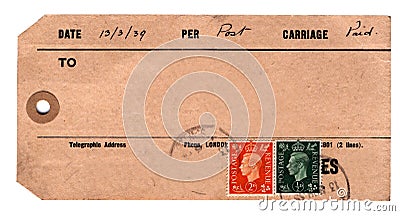1930s parcel tag Editorial Stock Photo