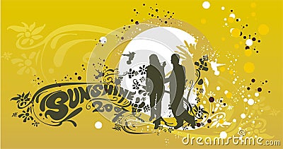 2 lovers silhouette & summer Vector Illustration