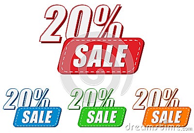 20 percentages sale, four colors labels Stock Photo