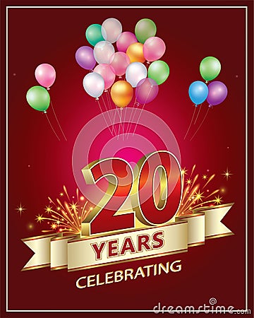 20 years anniversary celebrating. Golden numbers with fireworks on red background with ribbon and balloons. Vector illustration Vector Illustration